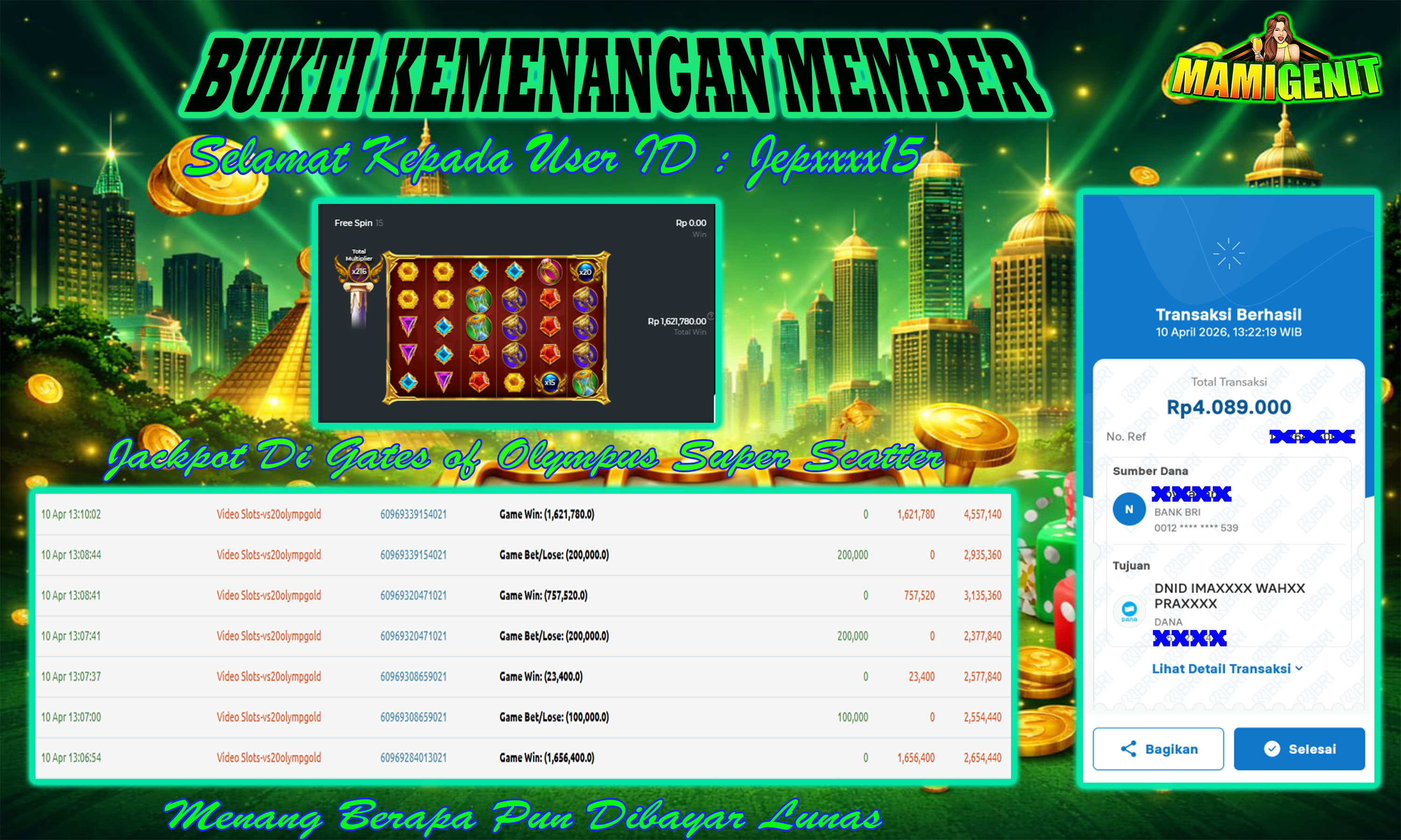 MAMIGENIT - JACKPOT DI SEBESAR RP.4,089,000,- DI GAME GATES OF OLYMPUS SUPER SCATTER
